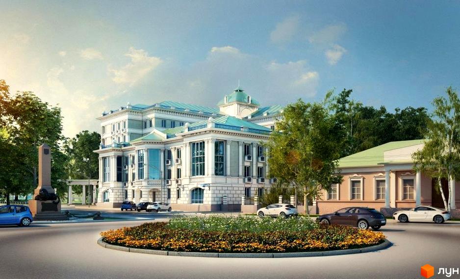 Зовнішній вигляд ЖК Парковий: елегантна архітектура з білою фасадою та блакитним дахом. Навколо комплексу - зелені дерева та квітучий острівець з автомобілями.