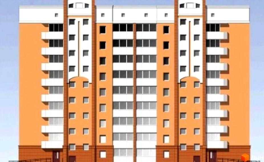 Фасад житлового комплексу на вул. Кузьми Скрябіна (Курчатова), 18а. Багатоповерховий будинок з оранжевими стінами, білими балконами та численними вікнами.