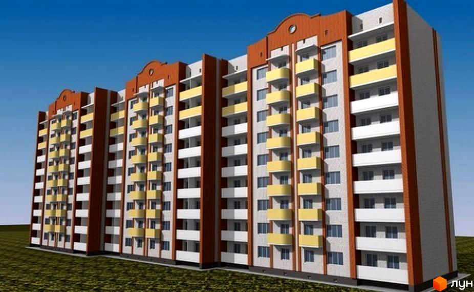 Зовнішній вигляд новобудови на вул. Перемоги, 10. Багатоповерховий будинок з жовтими та білими балконами, коричневими елементами фасаду, на тлі блакитного неба.