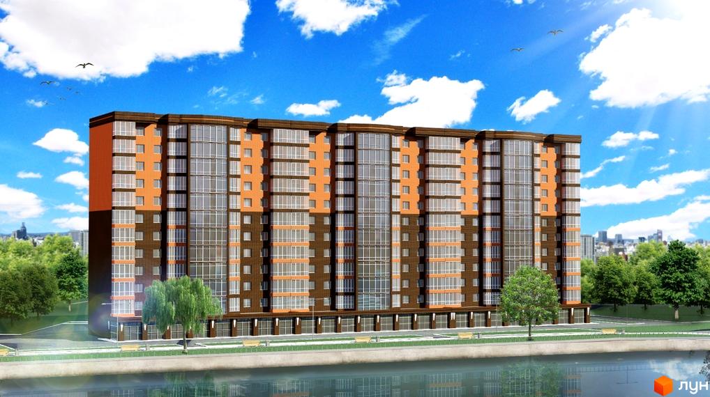 Новобудова ЖК Ріверсайд з цегляним фасадом та великими вікнами. Набережна з деревами та лавками.