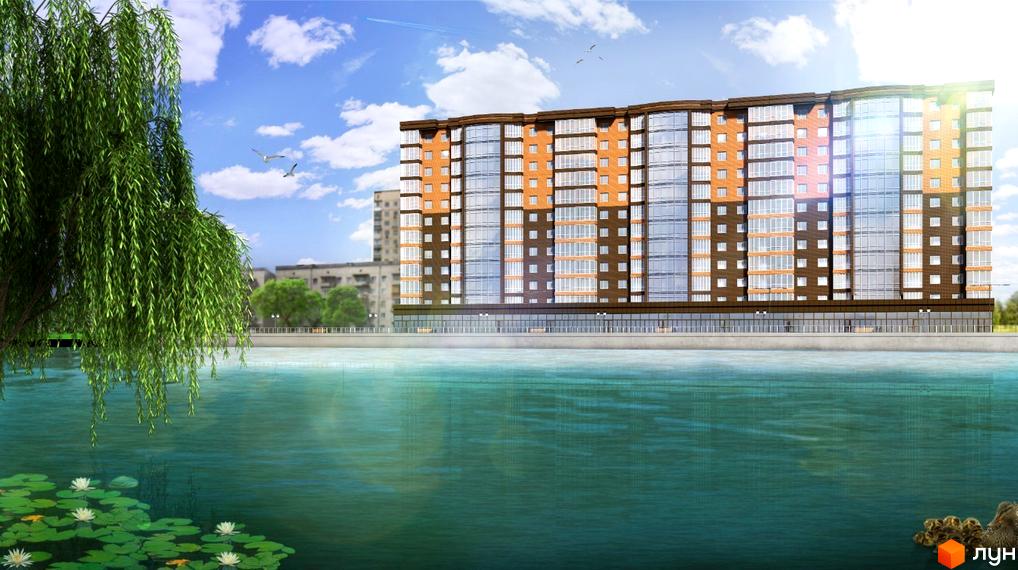 Житловий комплекс Ріверсайд - це сучасна новобудова з фасадами з цегли та панорамними вікнами, що виходить на річку з ліліями.