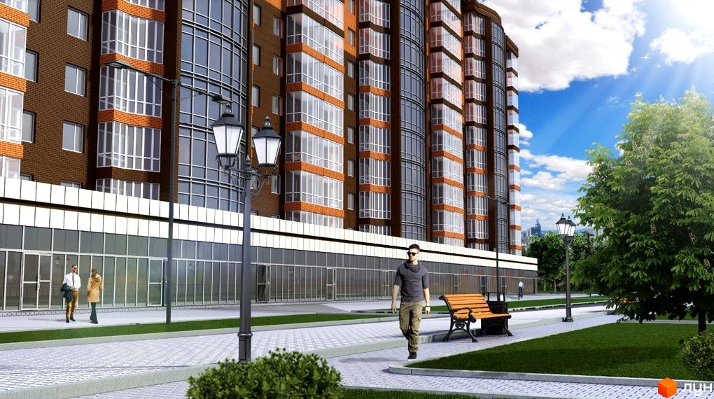 Зовнішній вигляд житлового комплексу Ріверсайд з цегляним фасадом та великими вікнами. На прибудинковій території розташовані зелені насадження та лавки.