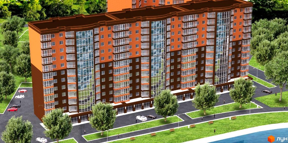 Зовнішній вигляд житлового комплексу Ріверсайд з цегляним фасадом та великими вікнами. Навколо будинку зелена територія з деревами та доріжками.