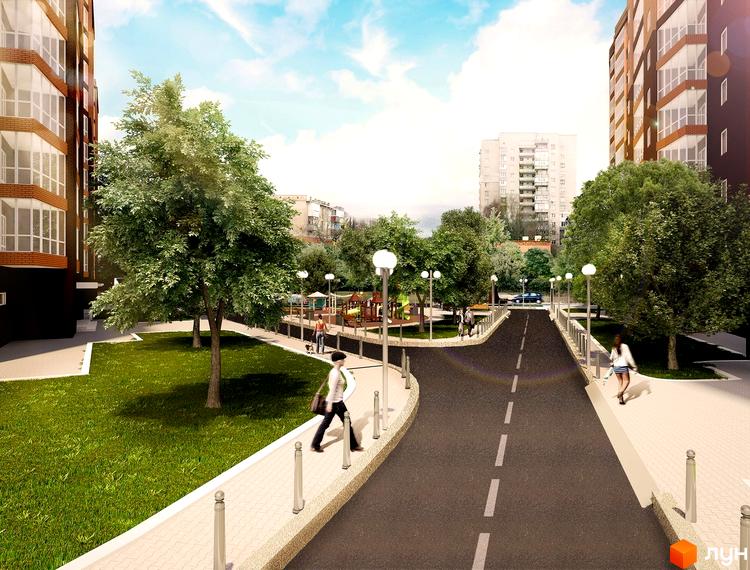 Житловий комплекс Ріверсайд: фасади будинків з панорамними вікнами та зелена прибудинкова територія з дитячим майданчиком та пішохідними доріжками.