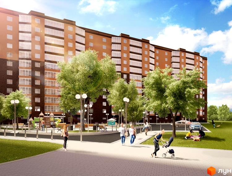 Житловий комплекс Ріверсайд: цегляний багатоповерховий будинок з великими вікнами. Прибудинкова територія з деревами, дитячим майданчиком та місцями для відпочинку.