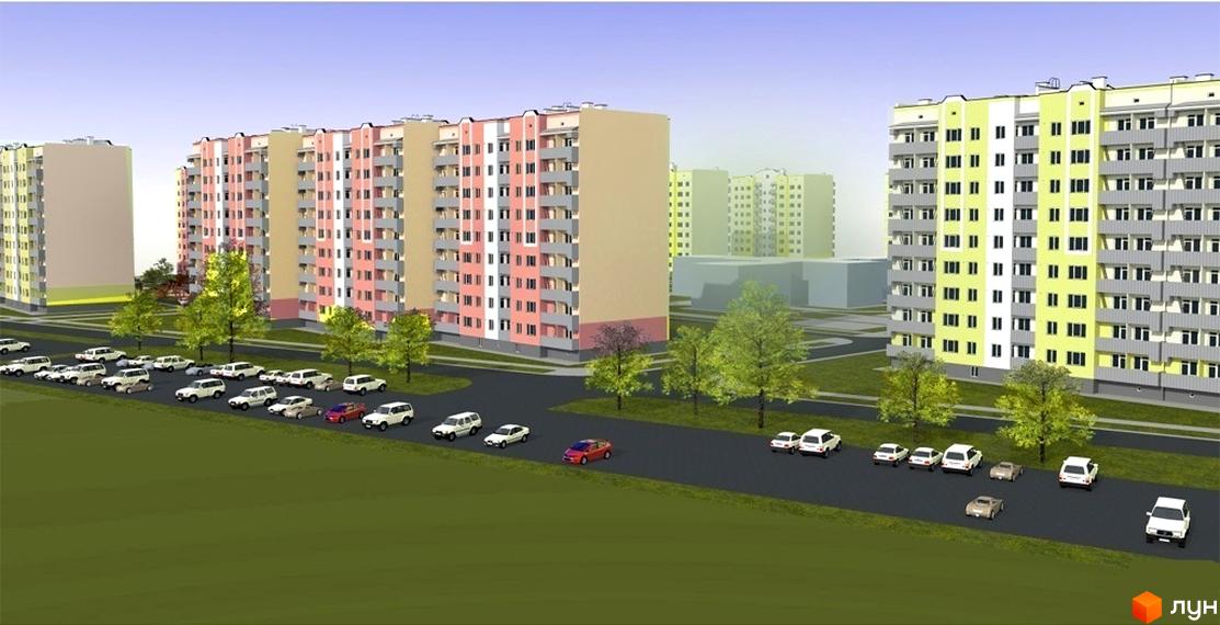 Зовнішній вигляд багатоповерхових будинків мікрорайону „Садовий“ з автомобілями на парковці. Опис новобудови з фасадами в рожевих та жовтих кольорах.
