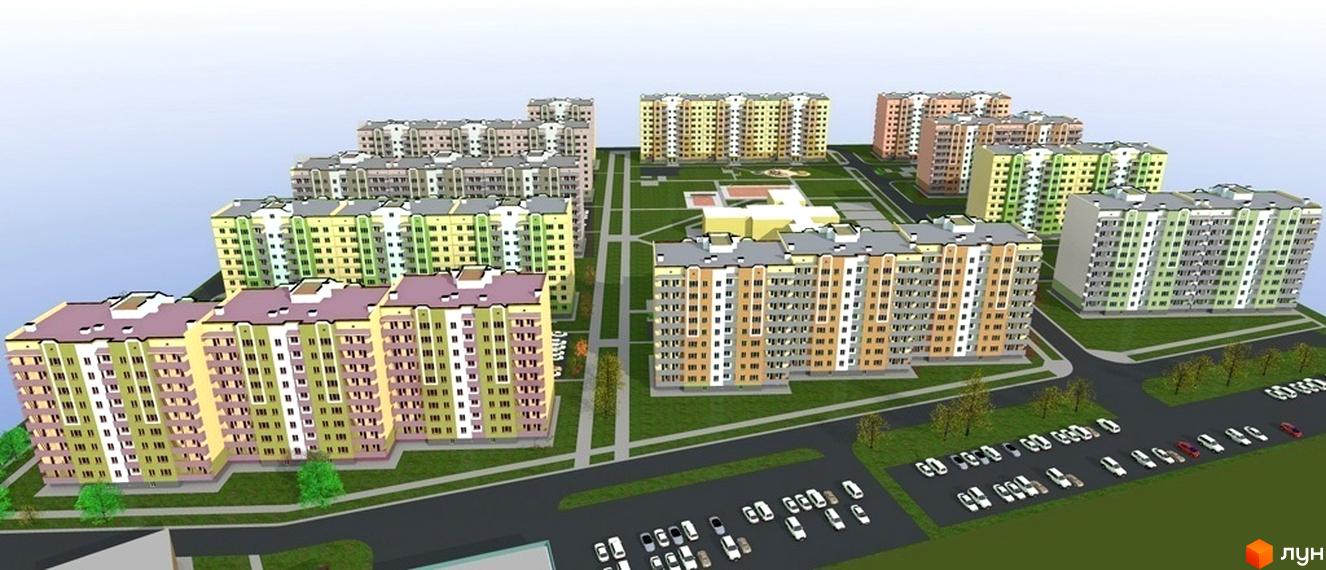 Новобудова Мікрорайон „Садовий“ – це сучасний житловий комплекс з яскравими фасадами та доглянутою прибудинковою територією з парковками та зеленими зонами.