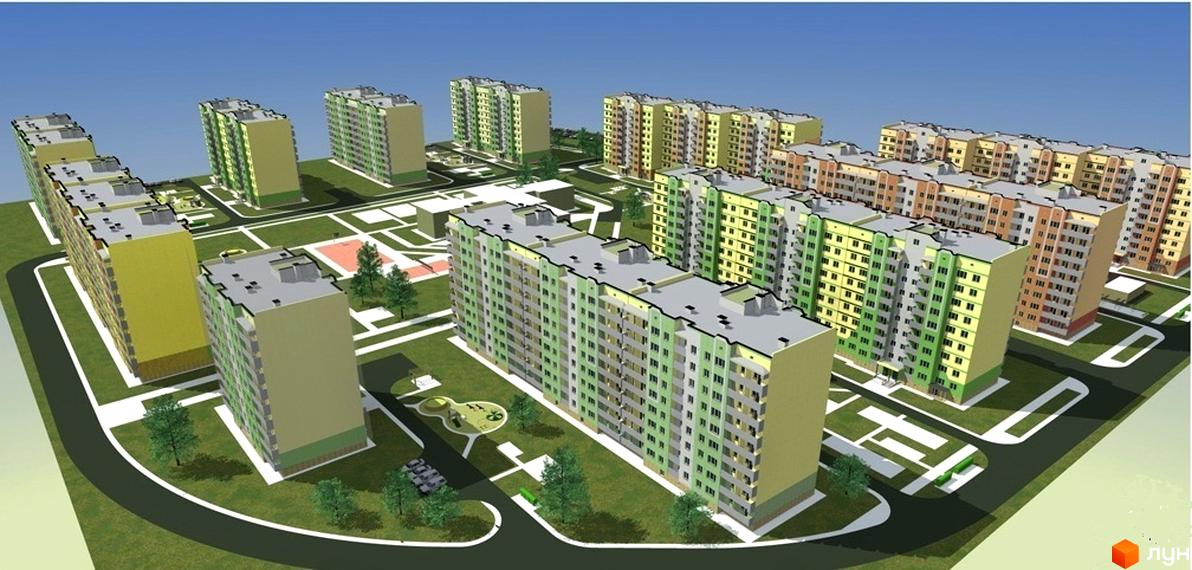 Новобудова Мікрорайон „Садовий“ – багатоповерхові будинки різних кольорів з балконами та вікнами. На території комплексу розташовані зелені насадження, дитячий майданчик та дороги.