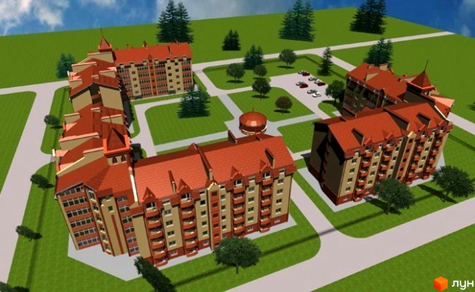 Зовнішній вигляд новобудови на вул. Ясна, 7б. Прибудинкова територія з зеленими насадженнями та парковкою.