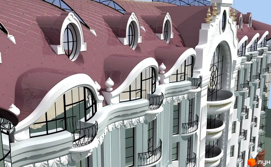 Фасад новобудови на вул. Жовтнева, 46в з червоним дахом, овальними та арковими вікнами, білими декоративними елементами та балконами.