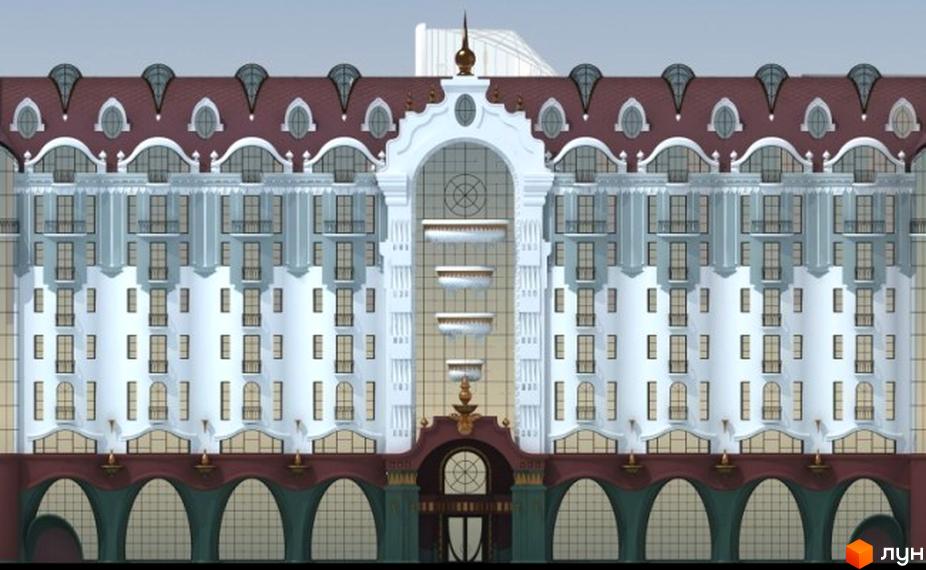 Фасад житлового комплексу на вул. Жовтнева, 46в з червоним дахом, білими стінами та арковими вікнами. Деталізована архітектура будівлі.