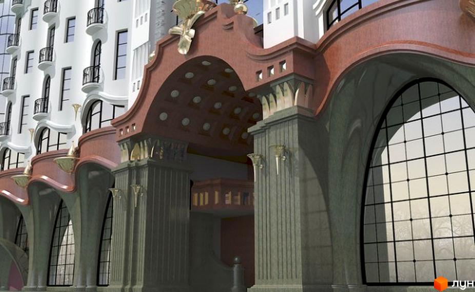 Фасад Житлового комплексу на вул. Жовтнева, 46в з білими стінами, арковими вікнами та великим входом з червонувато-коричневим декором.