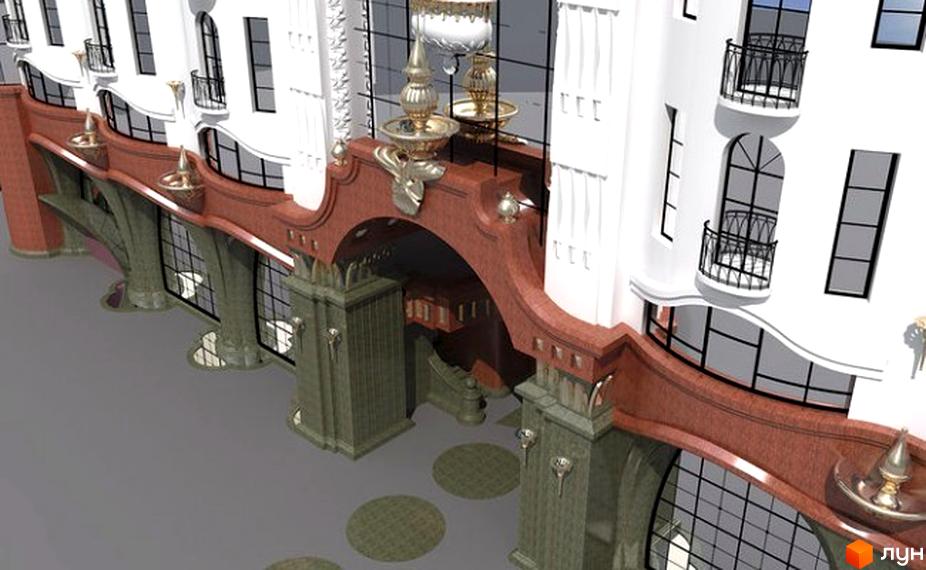 Фасад житлового комплексу на вул. Жовтнева, 46в з білими верхніми поверхами, великими вікнами та червоно-коричневою арковою галереєю. Перед будинком сіра пішохідна зона.