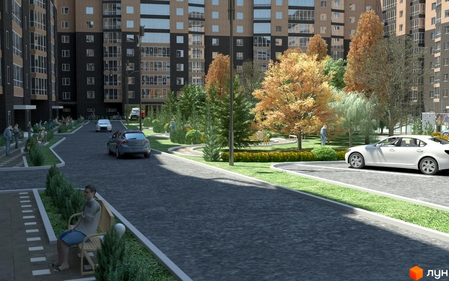 Зображення фасаду та прибудинкової території Житлового комплексу Набережний квартал. На передньому плані дорога, дерева та припарковані автомобілі.