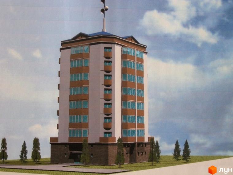 Багатоповерхова новобудова зі світлими стінами, коричневими вікнами та балконами, цоколь з темної цегли. Прибудинкова територія оточена зеленими насадженнями.