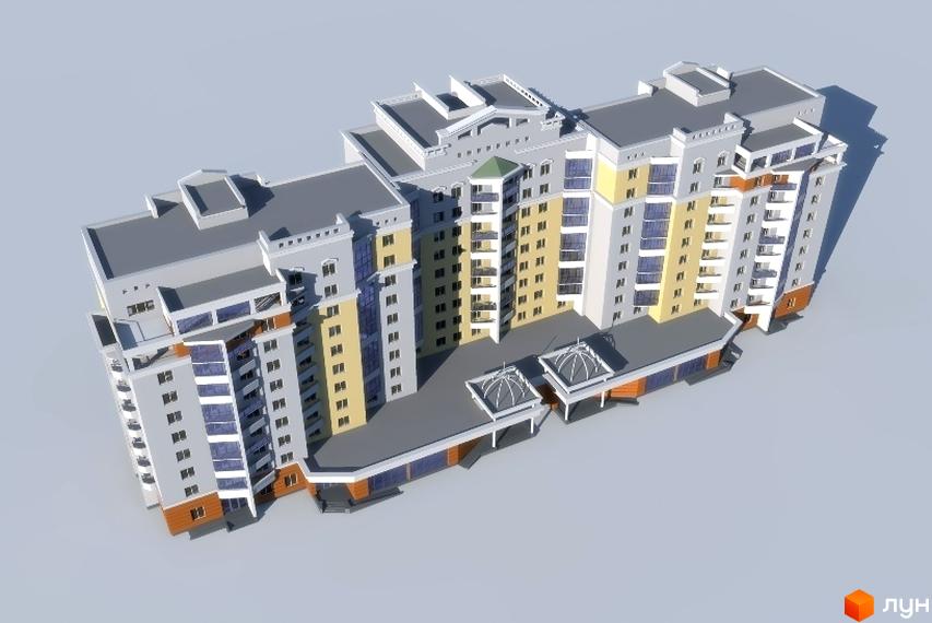 3D-візуалізація житлового комплексу на пл. Незалежності, 1б. Багатосекційний будинок зі світлими фасадами, балконами та комерційними зонами.