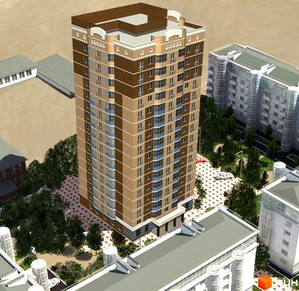 ЖД Турбинка: високий житловий будинок з коричневими та світлими елементами фасаду. Навколо розташовані зелені насадження та вимощена територія.