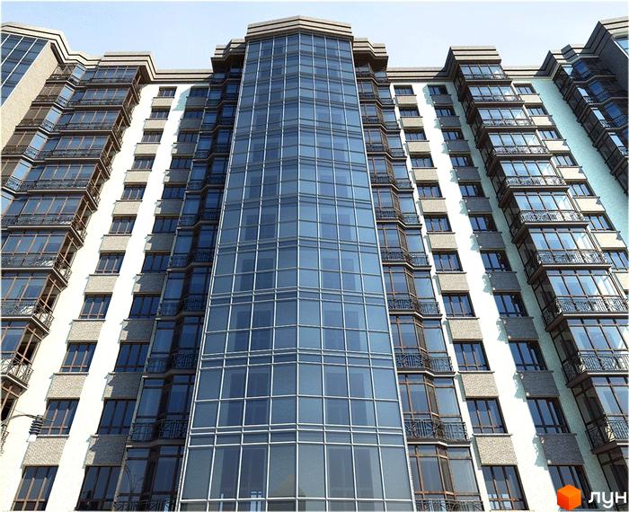 Житловий комплекс Атлант: багатоповерхова будівля зі світлим фасадом, заскленими балконами та великою центральною скляною частиною.