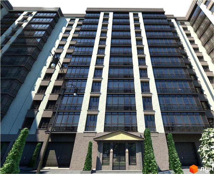 Житловий комплекс Атлант. Фасад багатоповерхового будинку виконаний у світлих тонах з темними вікнами та балконами, доповнений зеленими насадженнями та ліхтарями біля входу.