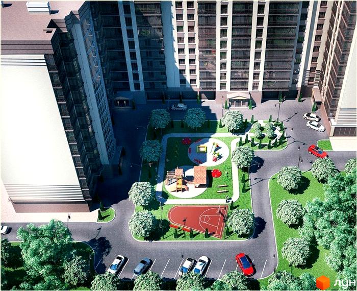 Багатоповерхові будинки житлового комплексу Атлант з великими вікнами. Прибудинкова територія має дитячий майданчик, спортивне поле та парковку.