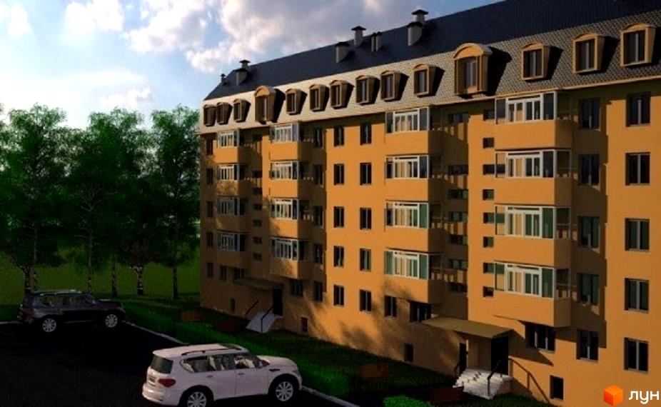 Багатоповерховий будинок Житлового комплексу Кагарлицький з помаранчевим фасадом, балконами та мансардним дахом. Поруч зелені дерева та автомобілі.