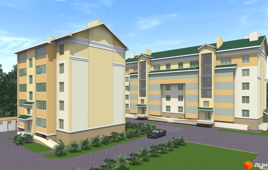 Зображення Житлового комплексу на вул. Володимира Стельмаха, 62г, 62д: багатоповерхові будинки світлих тонів з зеленими дахами та озелененою територією.