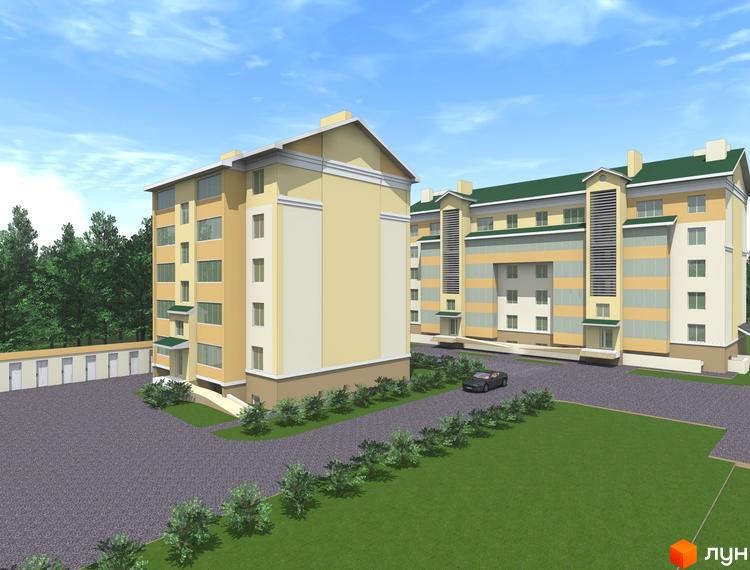 Житловий комплекс на вул. Володимира Стельмаха, 62г, 62д. Два будинки з жовтими та сіро-бежевими фасадами, зеленими дахами, парковкою та доглянутою територією.