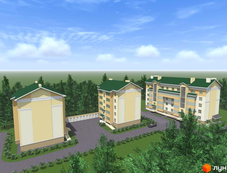 Житловий комплекс на вул. Володимира Стельмаха 62г, 62д: три багатоповерхові будинки з жовтими фасадами, зеленими дахами та прибудинковою територією з деревами і парковкою.