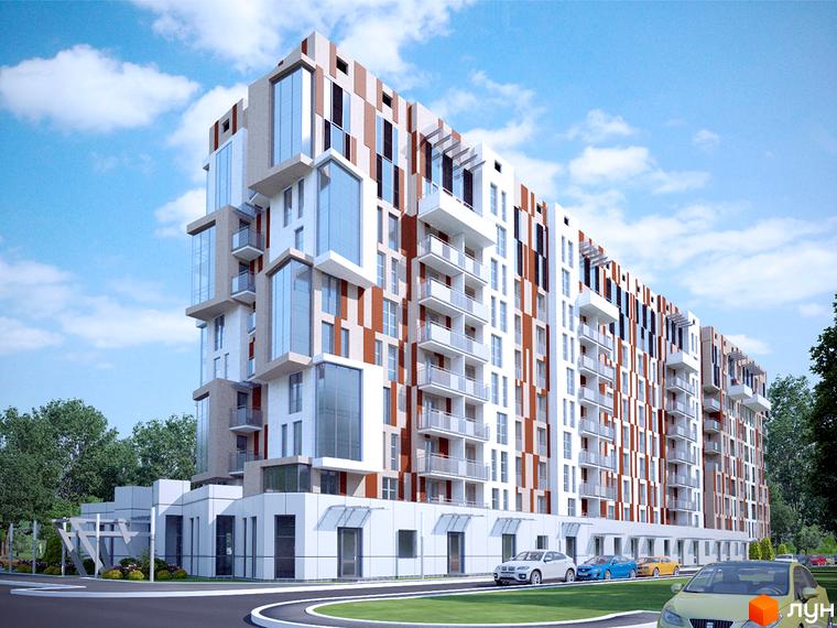 Багатоповерховий житловий будинок Житловий комплекс Парковий квартал з білим та коричневим фасадом, балконами та великими вікнами. Перед будинком зелена зона та автомобілі на парковці.