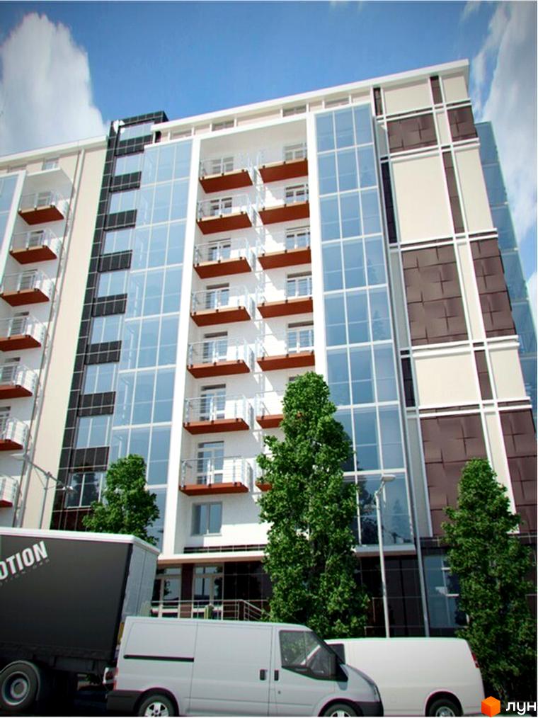 Фасад житлового будинку на вул. Канівська, 18 з білими та темними панелями, великими скляними вікнами та балконами. Поруч дерева та автомобілі.