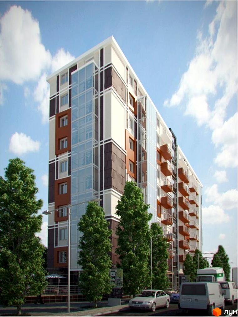 Фасад житлового комплексу на вул. Канівська, 18 виконаний у світлих, коричневих тонах зі скляними вставками та балконами. Територія озеленена, є парковка.