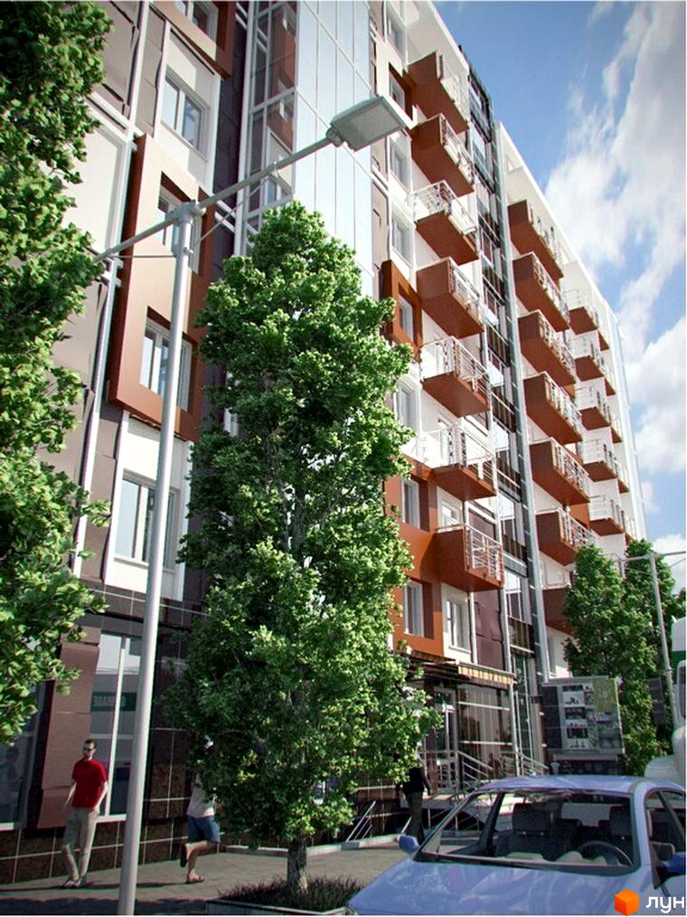 Житловий комплекс на вул. Канівська, 18: багатоповерховий будинок з коричнево-білими фасадами та балконами. Прибудинкова територія з деревами та тротуаром.