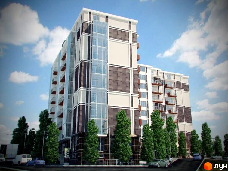 Житловий комплекс на вул. Канівська, 18, з багатоповерховим будинком у біло-коричневих тонах, скляними вставками та зеленими деревами.