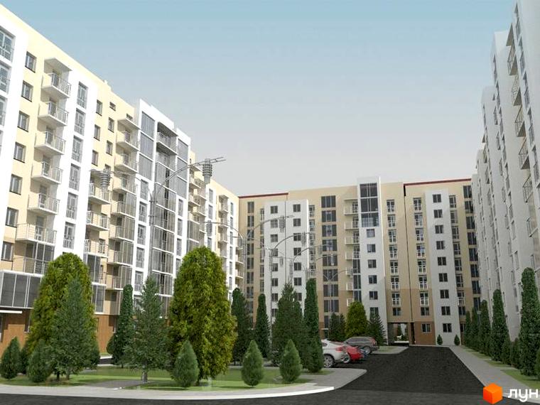 Житловий комплекс на вул. Руська, 237 з багатоповерховими будинками світлих відтінків та балконами. Прибудинкова територія озеленена деревами та має парковку.