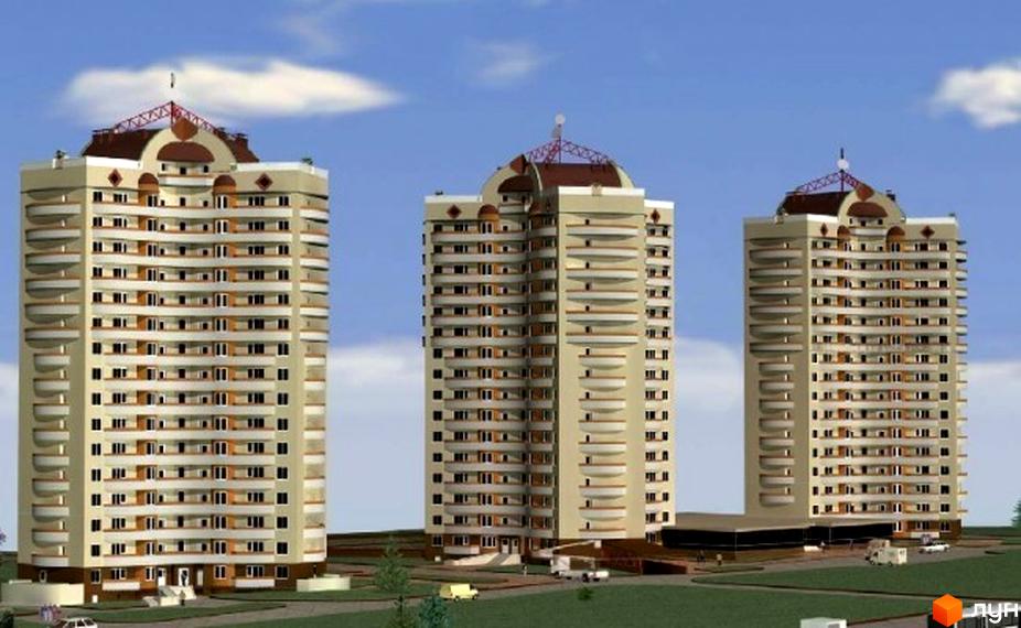 Житловий комплекс Сонячний: три висотні будинки світлого кольору з балконами та купольними дахами. Прибудинкова територія з зеленими газонами та дорогами.