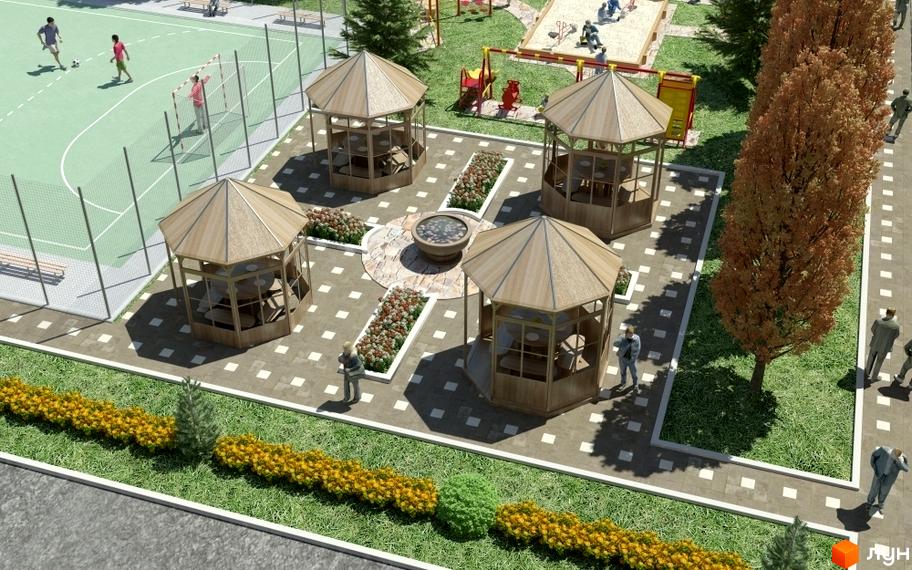 Зображення Житлового комплексу Набережний квартал з альтанками у дворі. На території є дитячий та спортивний майданчики.