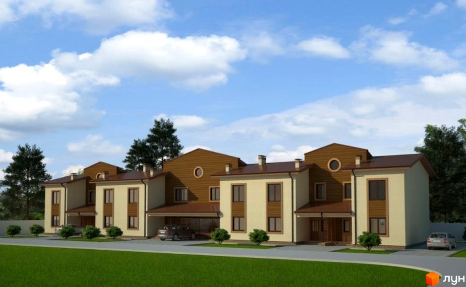 Ряд двоповерхових будинків з бежевими фасадами, коричневими дахами та дерев'яними елементами на вул. Чорновола. Навколо будинків зелений газон.