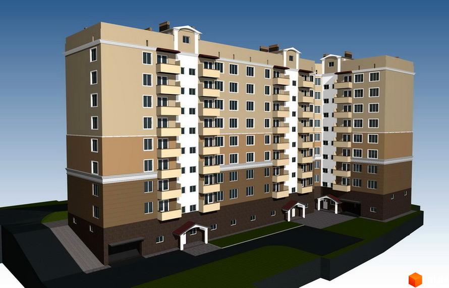 Багатоповерховий житловий будинок на вул. Аксенина (Фрунзе), 2з з бежево-коричневим фасадом, білими балконами та облаштованою прибудинковою територією.