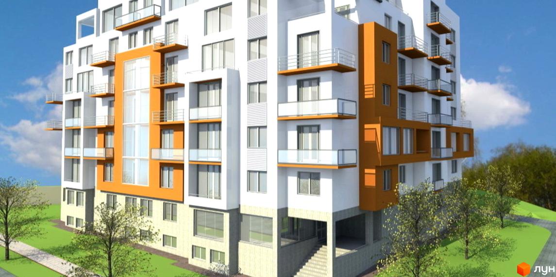 Фасад житлового комплексу білий з помаранчевими елементами та балконами. Прибудинкова територія має зелені газони та дерева, вул. Аксенина (Фрунзе), 2к.