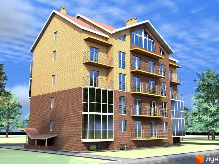Житловий комплекс Сонячне містечко: багатоповерховий будинок з двоколірним цегляним фасадом, балконами та великими скляними елементами. Навколо зелена територія з деревами та доріжками.