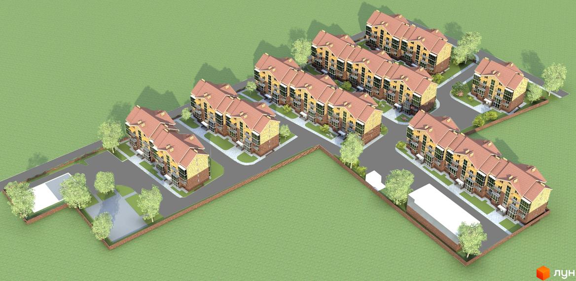 Житловий комплекс Сонячне містечко: вигляд зверху на малоповерхові будинки з комбінованими цегляними фасадами та червоними дахами. Територія має дороги, парковки та зелені насадження.