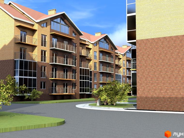 Житловий комплекс Сонячне містечко: багатоквартирний будинок з цегляним фасадом, балконами та великими вікнами. Прибудинкова територія має асфальтовані доріжки та зелені насадження.