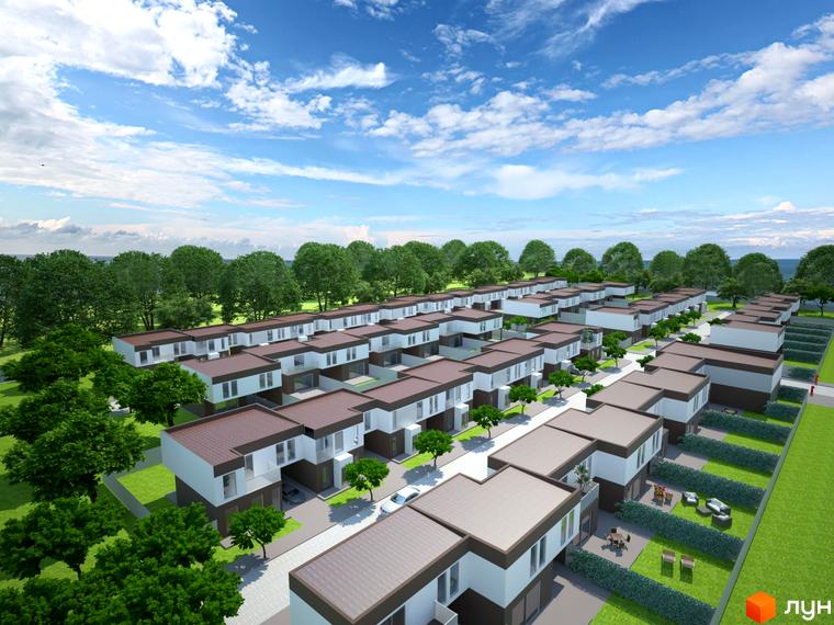 Таунхауси „Європейський квартал“: вид зверху на двоповерхові будинки з білими фасадами та коричневими дахами, оточені зеленою територією та деревами. Поруч дороги та доглянуті газони.