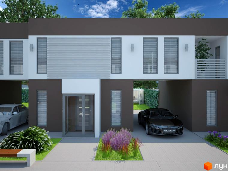 Таунхауси „Європейський квартал“: будинки з коричневим та білим фасадом, вікнами з жалюзі, вбудованими гаражами. На території – зелені насадження та доріжки.