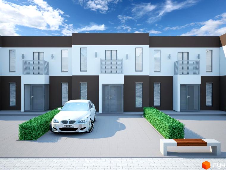 Ряд таунхаусів „Європейський квартал“ з біло-коричневими фасадами та балконами. Прибудинкова територія з вимощеною ділянкою, автомобілем, зеленими кущами та лавкою.
