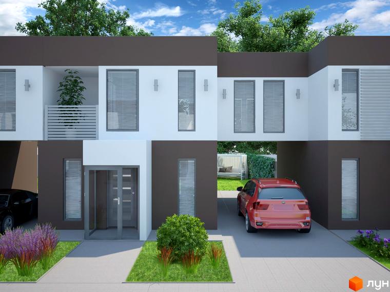 Таунхауси „Європейський квартал“: двоповерхові будинки з коричневими та білими фасадами, великими вікнами та прибудинковою територією з автомобілями та зеленими насадженнями.