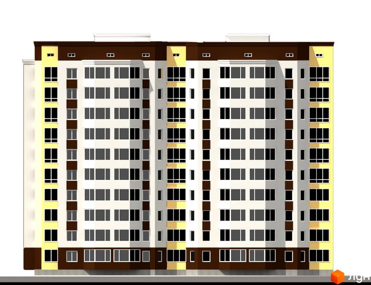 Зовнішній вигляд житлового комплексу Аркада-Ковель. Багатоповерховий будинок з коричневим дахом, білими та жовтими фасадами, великою кількістю вікон.