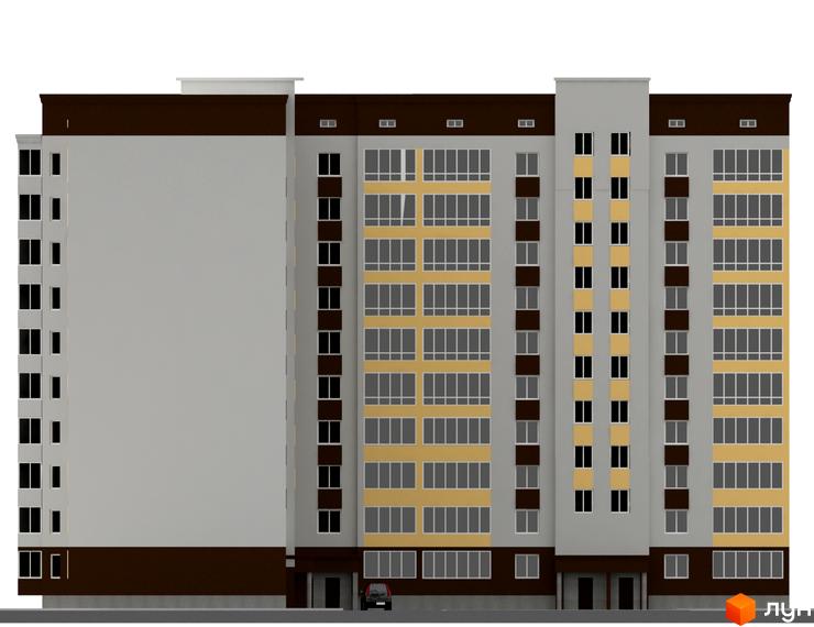 Фасад житлового комплексу Аркада-Ковель: багатоповерховий будинок зі світлими стінами, контрастними коричневими елементами та великими вікнами. Біля будинку видно частину прибудинкової території.