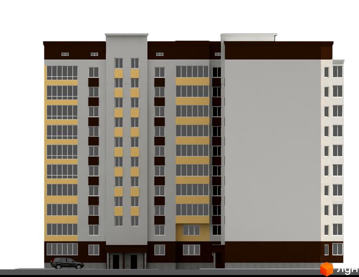Зовнішній вигляд житлового комплексу Аркада-Ковель: багатоповерховий будинок з сірими, коричневими та жовтими фасадами, великими вікнами. На прибудинковій території видно автомобіль.