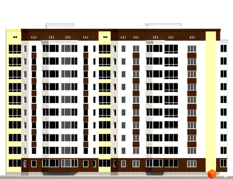 Фасад житлового комплексу Аркада-Ковель з білими стінами, коричневими та жовтими акцентами, численними вікнами. Будинок має 10 поверхів.